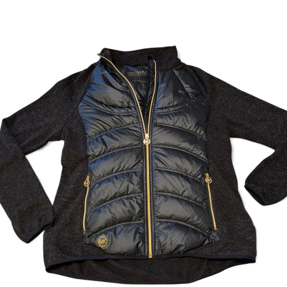Michael Kors Black brown Hi low down Puffer Jacket with Gold MK Accents - Picture 6 of 16